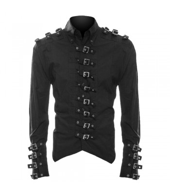 Men Gothic Shirt Black Cotton Buckle Shirt